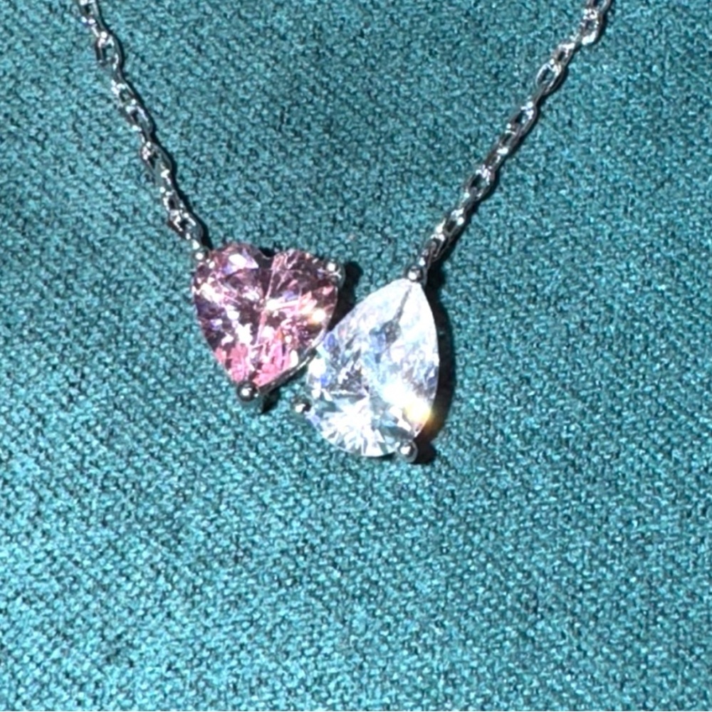 Pink Heart White Pear-Shaped Cubic Zirconia You & Me Necklace in Sterling Silver - Picture 15 of 16